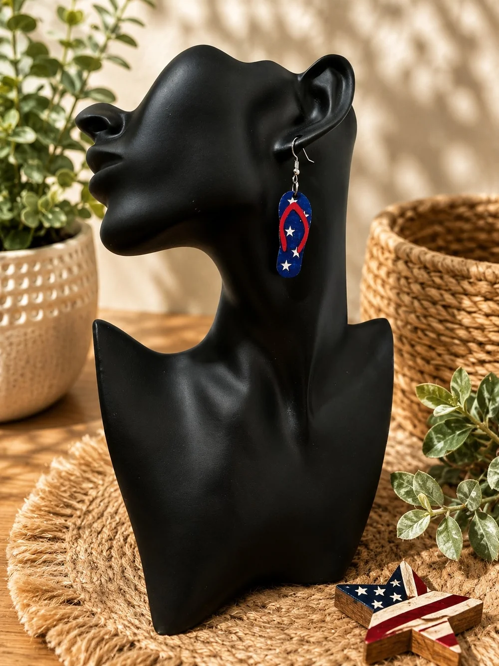 Patriotic Flip Flop Dangle‎ Earrings Red White Blue Summer Beach USA